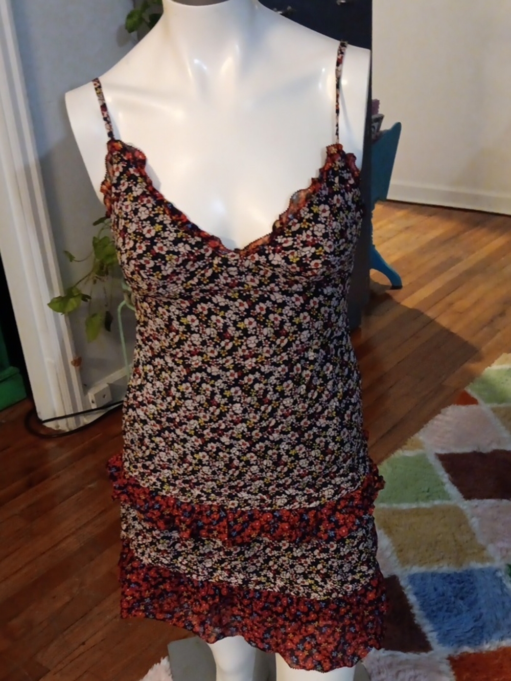 Floral Ruffle Slip Dress - Black/Multi